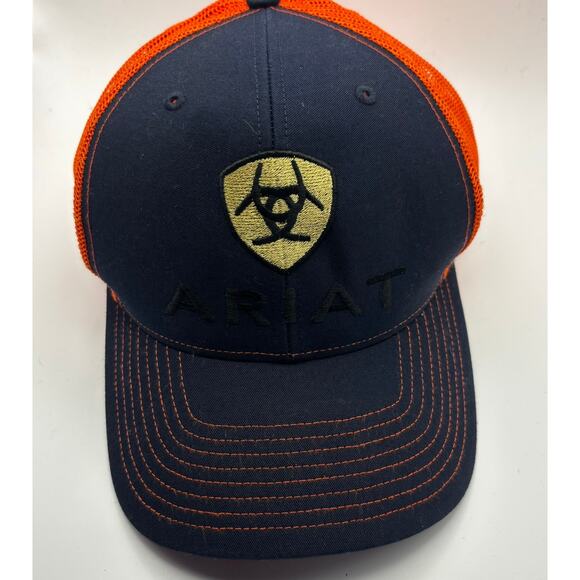 Ariat Hat Cap Snap Back Orange Navy Blue Spell Out Logo Richardson Style 112 - Picture 1 of 6